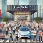 중국의 테슬라 매장 앞에서 테슬라 소유자들이 시위하는 장면